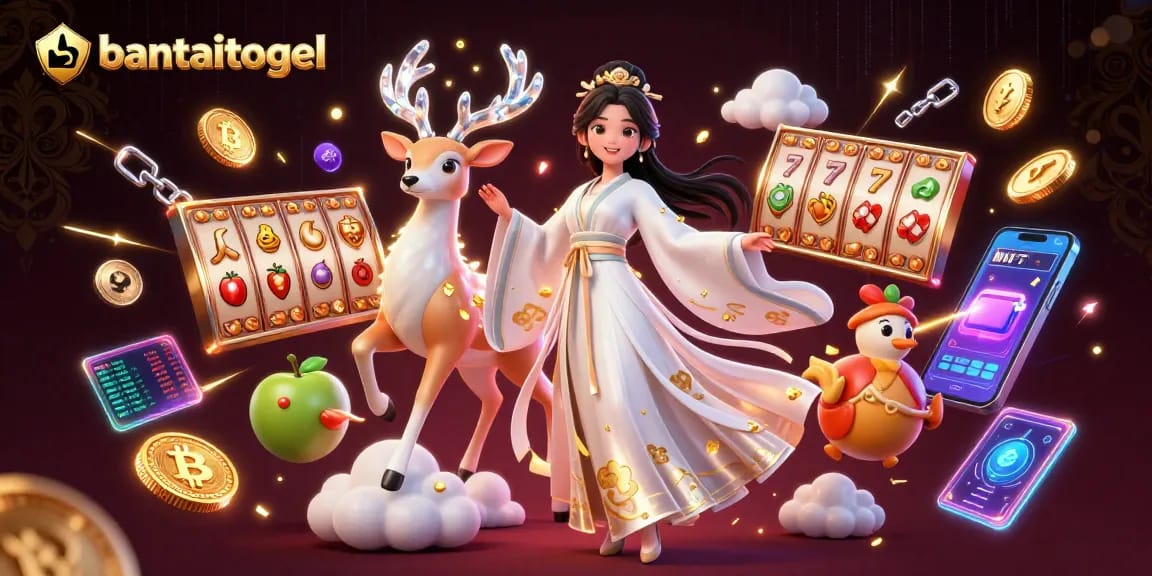 Engage with the bantaitogel experience featuring a stunning Asian woman in modern hanfu and vibrant slot game elements.