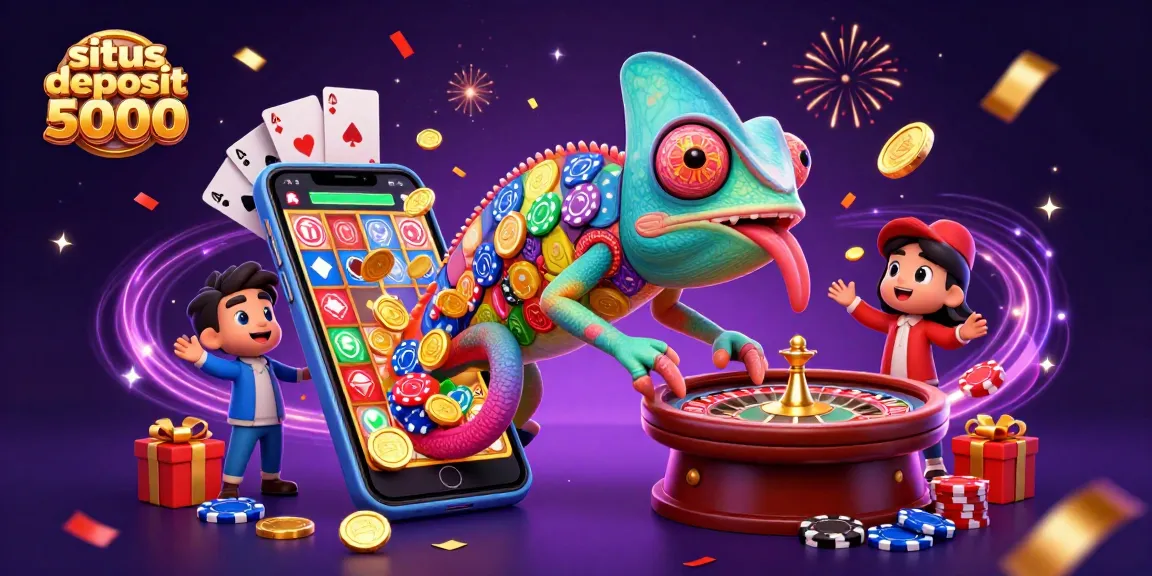 Experience excitement with situs deposit 5000, as slots and coins fly in a vibrant casino scene.