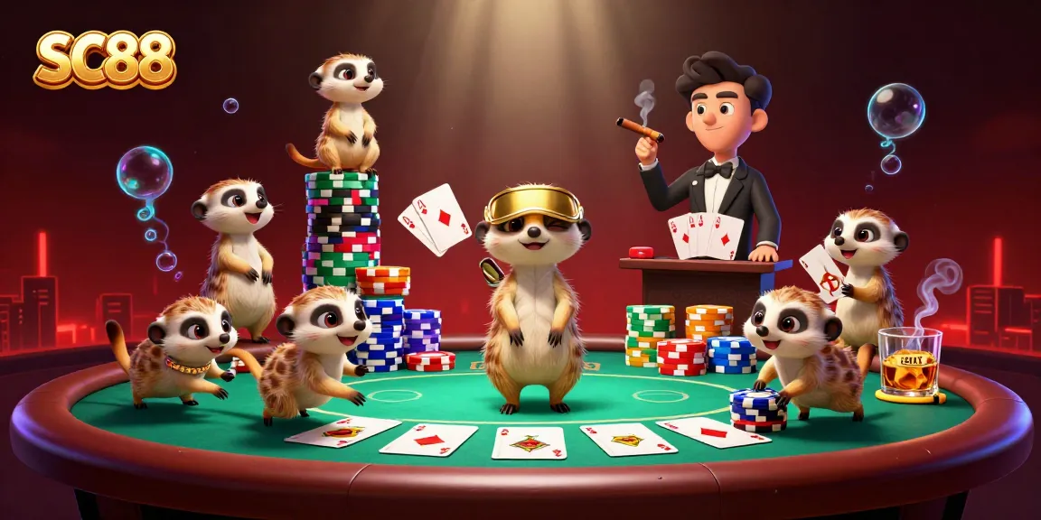 Experience the action at SC88 casino with meerkats running poker games amidst vibrant colors and dynamic casino elements.