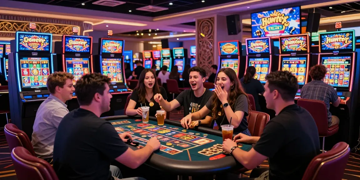 Exciting gaming scene featuring enthusiastic players enjoying Crazy Hunter slot machines in a lively casino atmosphere.
