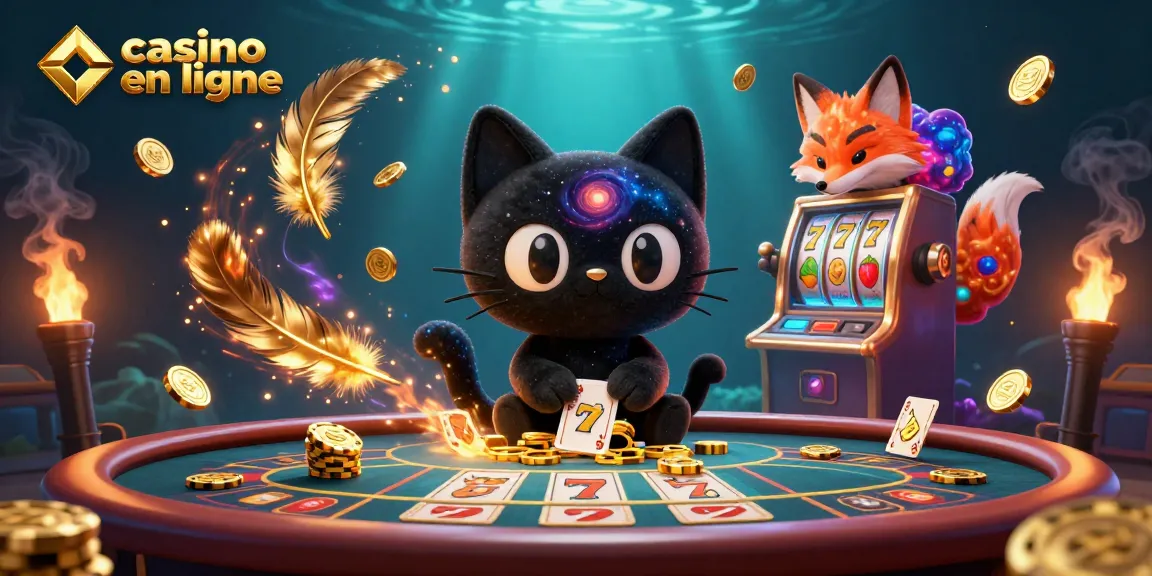 Jouez au casino en ligne avec le chat noir cosmique attirant des jetons d'or dans un univers vibrant.