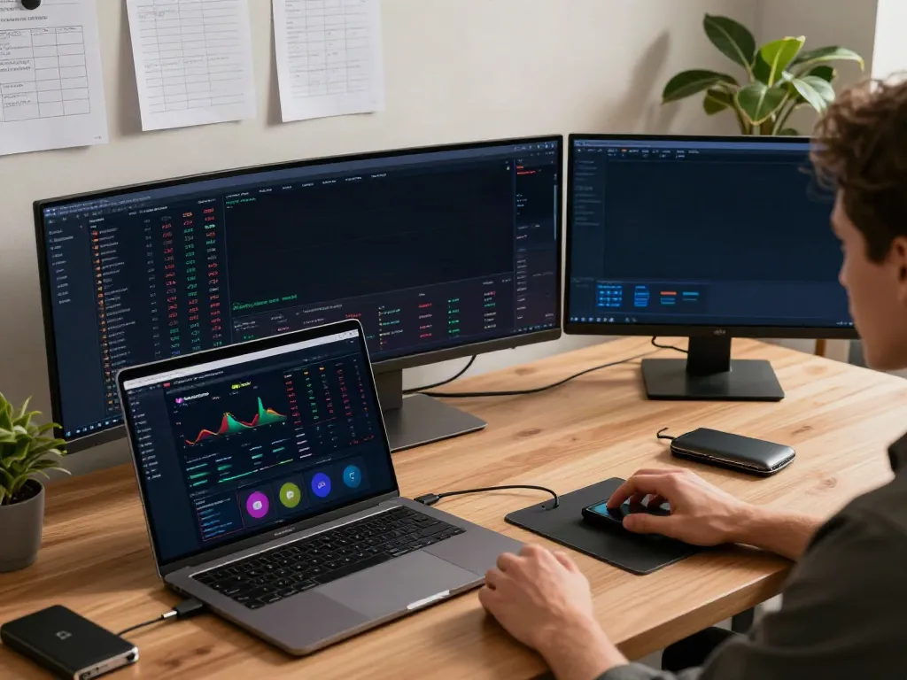 Engaging workspace setup for 美股实时行情API trading, featuring multiple screens, digital wallet, and DeFi analytics.