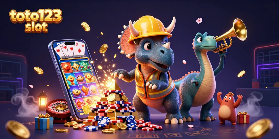 Engage with the exciting toto123 slot experience as a triceratops builds a chip pyramid amidst dazzling slot game elements.