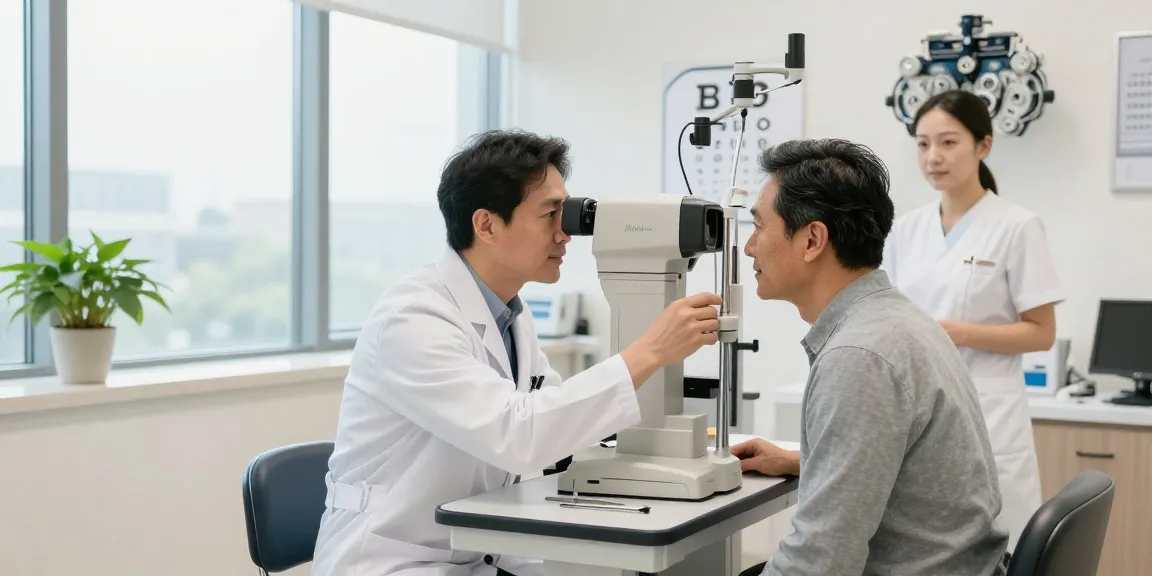 Ophthalmologist examining a patient at SNU Eye Clinic, showcasing advanced eye care in Korea.