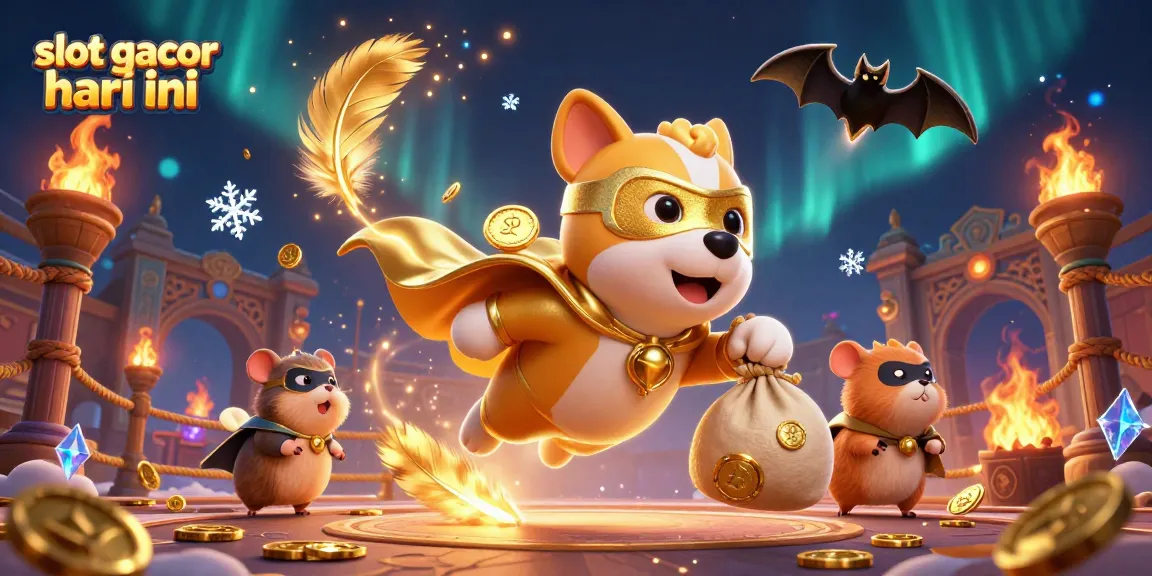 Win big with slot gacor hari ini in a vibrant casino scene featuring a heroic dog and hamster.