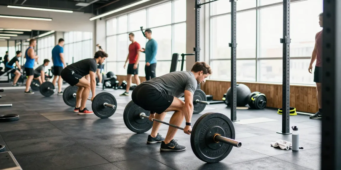 Astera Shop fitness scene with a dedicated athlete performing deadlifts in a bright gym environment, showcasing strength training equipment.