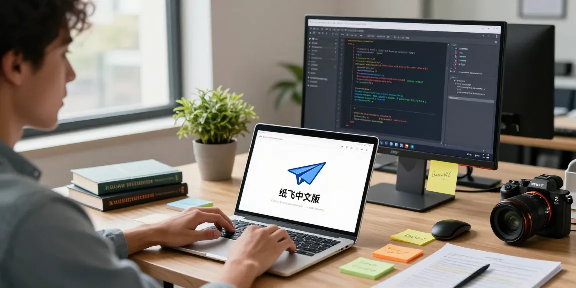 Discovering the 纸飞机中文版 app in a modern tech workspace filled with vibrant tools and digital collaboration elements.