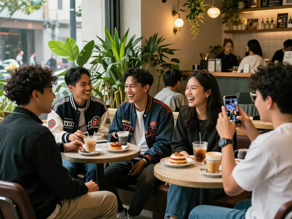 Friends enjoying coffee at a café showcasing urban lifestyle with rokok88 branding.