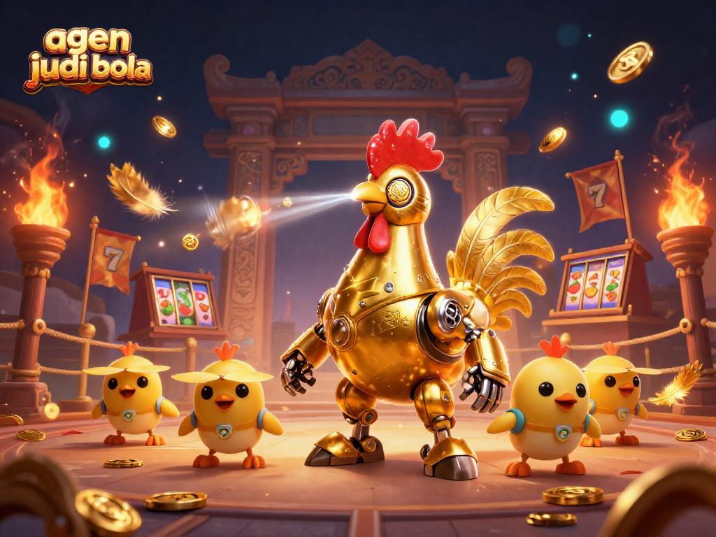 Engage with agen judi bola in a thrilling casino scene featuring a golden rooster robot and dynamic elements.