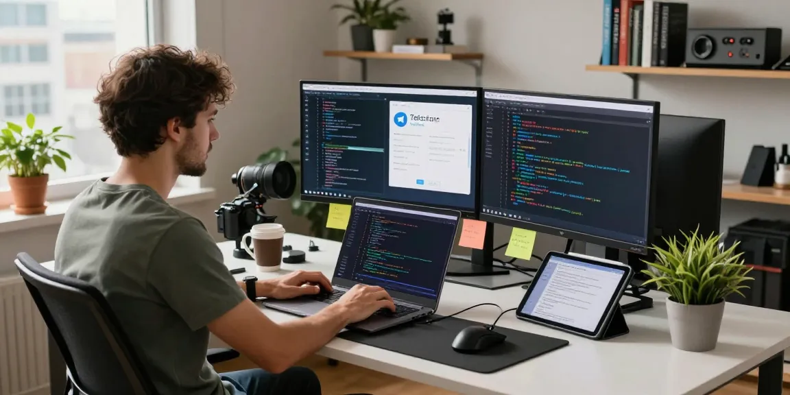 Workspace of a developer using telegramin-cn.com with multiple screens displaying coding and Telegram interface in a modern office.