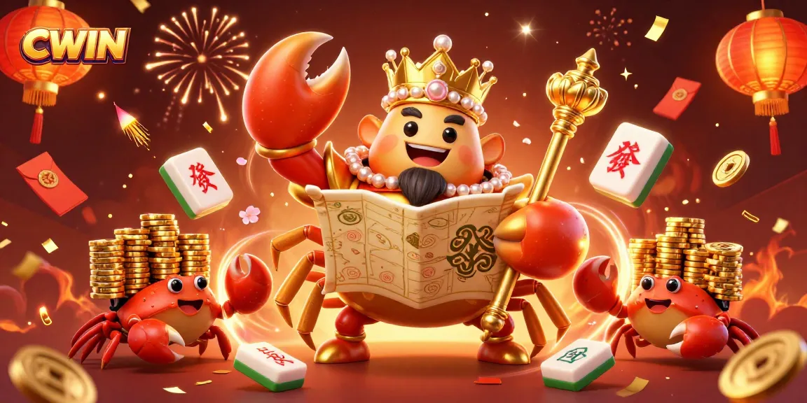 CWIN's vibrant 3D scene showcasing a golden crab emperor from a thrilling casino adventure amid festive elements.
