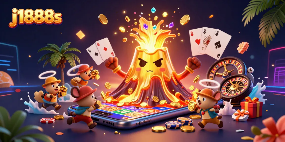 Experience the thrill of j1888s with a dynamic 3D illustration of a golden volcano and gaming elements.