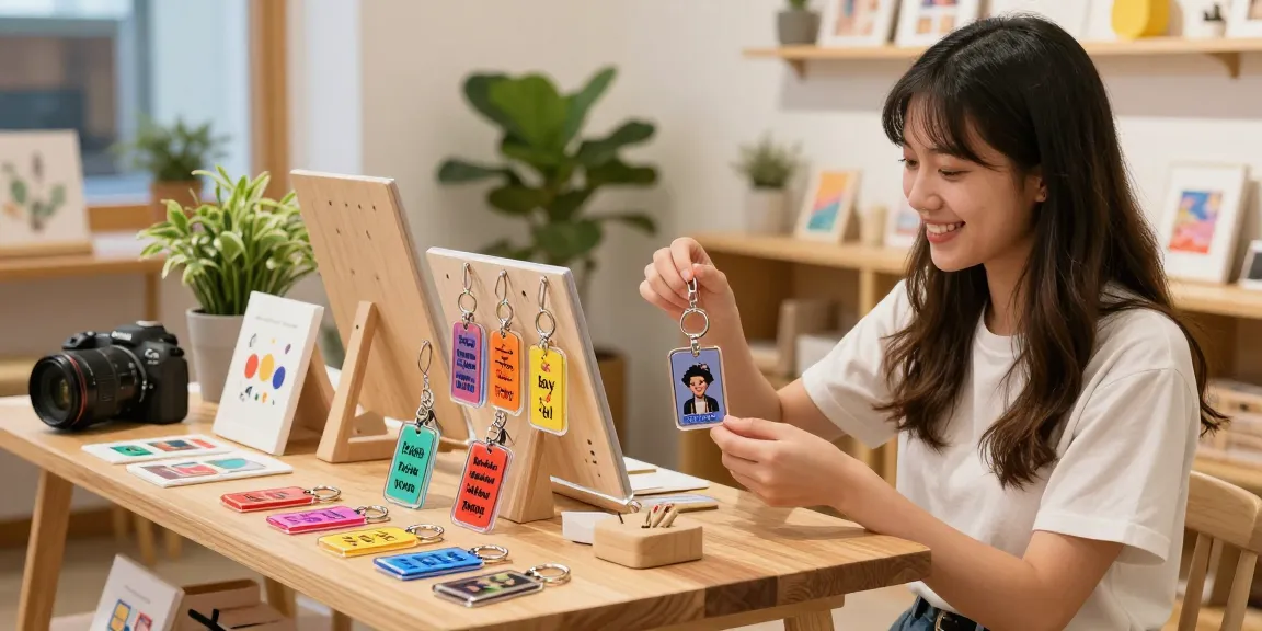 Personalized keychains on display in an inviting shopping setting.