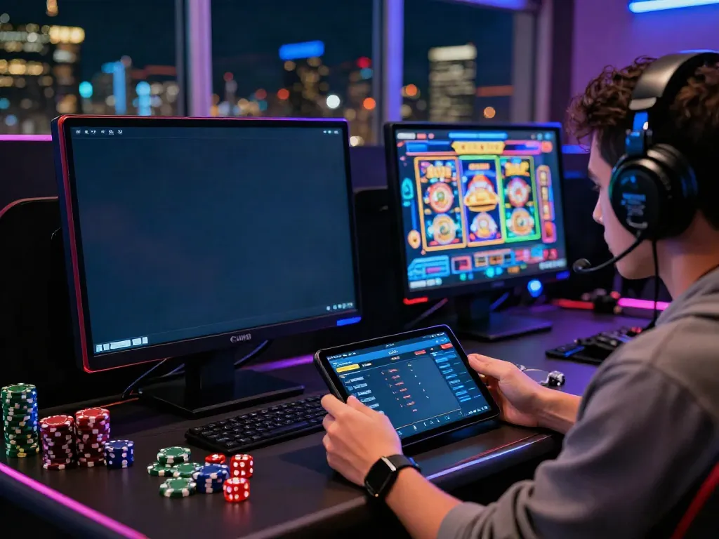 Player engaging with slot gacor games on a vibrant gaming setup, showcasing an exciting online gambling experience.