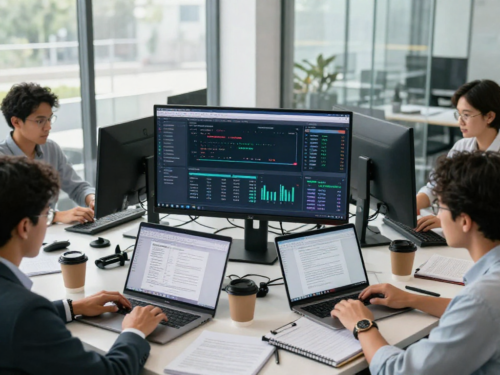 Advanced document fraud detection analysis in a professional office showing teamwork and technology.