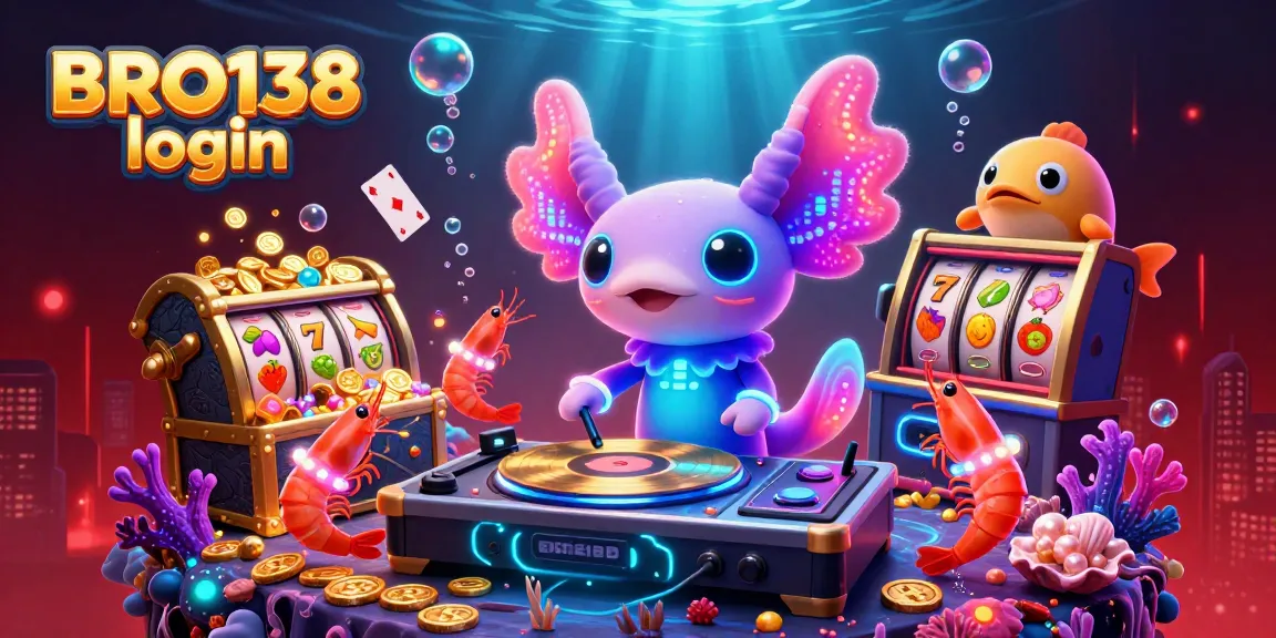 Engage with the lively BRO138 login scene featuring a neon axolotl DJ and vibrant underwater slot machine elements.