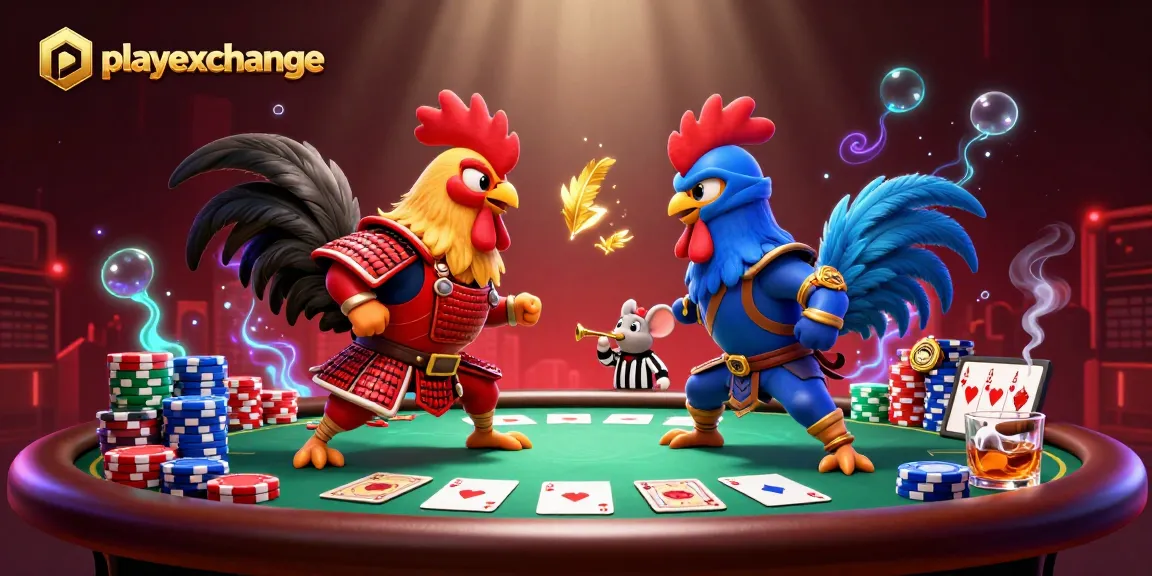 Playexchange brings intense action with roosters in combat over a lively casino table scene.