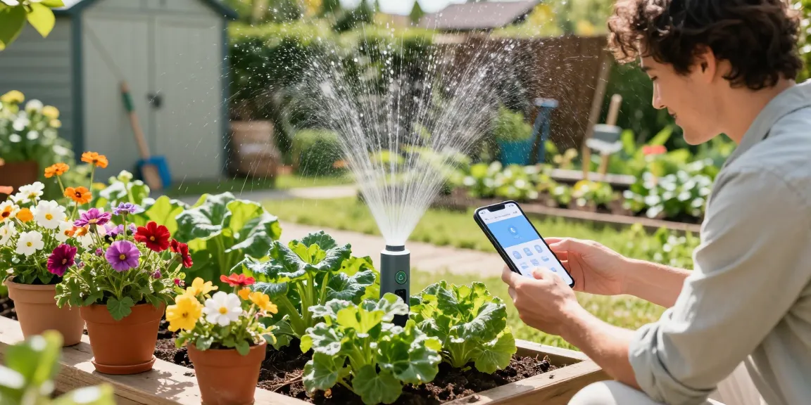 Smart sprinkler system in use, watering thriving garden plants under bright sunlight.