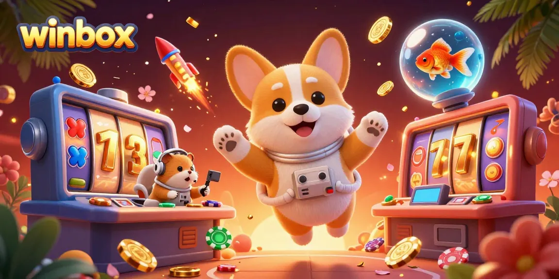 Winbox features a corgi astronaut in a space station casino surrounded by floating slot reels and lively casino elements.