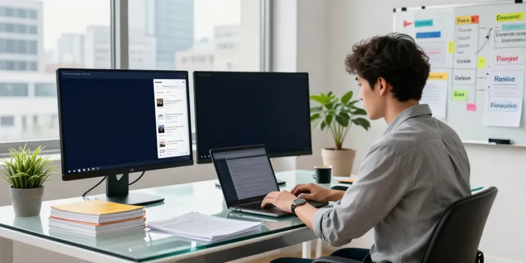 Content strategist using an AI topic cluster articles generator in a modern workspace.