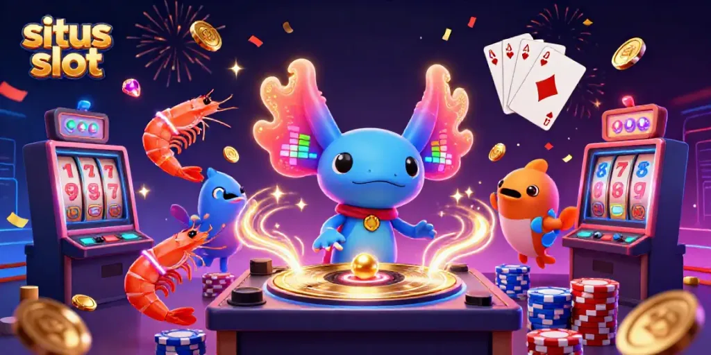 Engaging underwater party scene showcasing the vibrant energy of situs slot gaming with dynamic characters and casino elements.