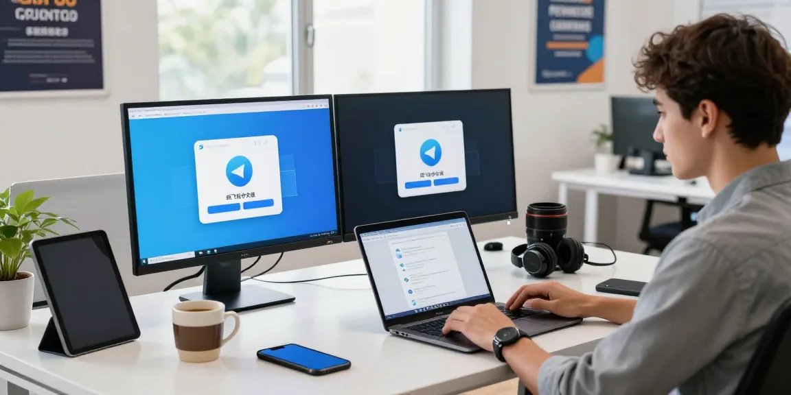 Young professional using the 纸飞机中文版 app on a laptop in a bright tech workspace.