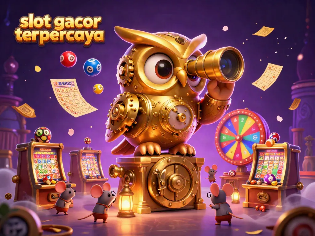 Slot gacor terpercaya menampilkan burung hantu emas bergear di kasino yang meriah dengan uang hujan dan game menarik.