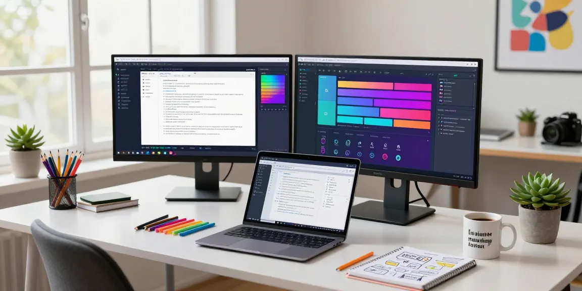Person using AI writing tools in a modern office workspace, with vibrant screens and creative elements.