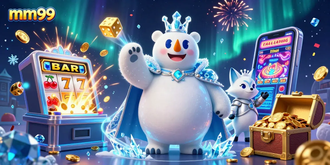 Spin the reels with mm99 in a dazzling 3D casino scene featuring lively characters and jackpots.