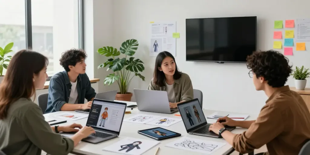 Typeshutter creative workspace with AI tools, diverse team brainstorming.