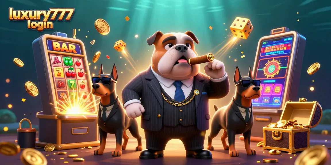 Engage with luxury777 login featuring a mafia bulldog and jackpot slot machine bursting with coins.