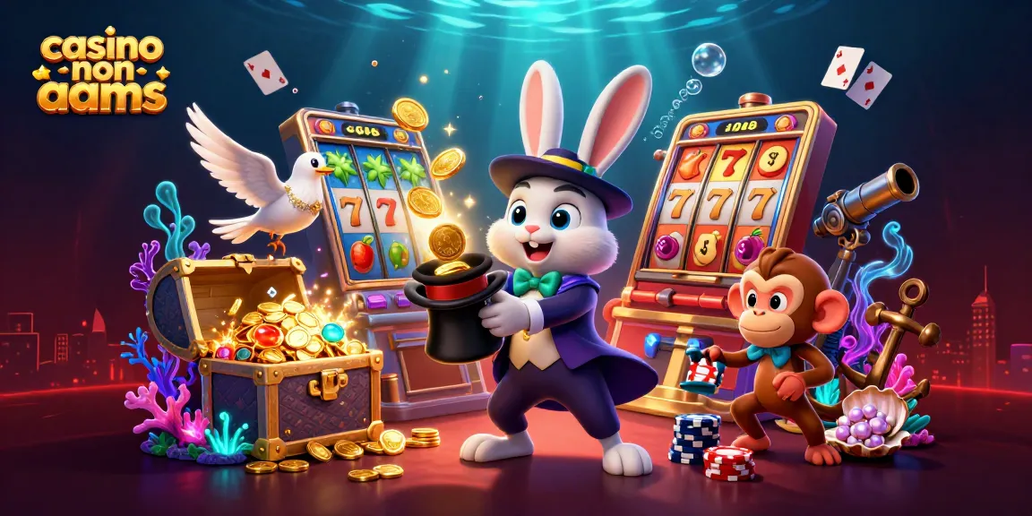 Interagisci con la magia dei casinò non AAMS mentre un coniglio magico evoca vincite, circondato da vivaci elementi di gioco.