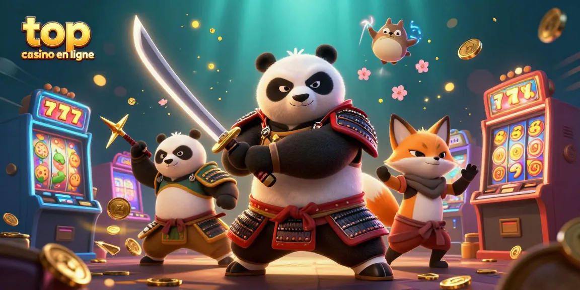 Visualisez le top casino en ligne avec un panda samouraï et un renard ninja jouant autour de machines à sous dorées.