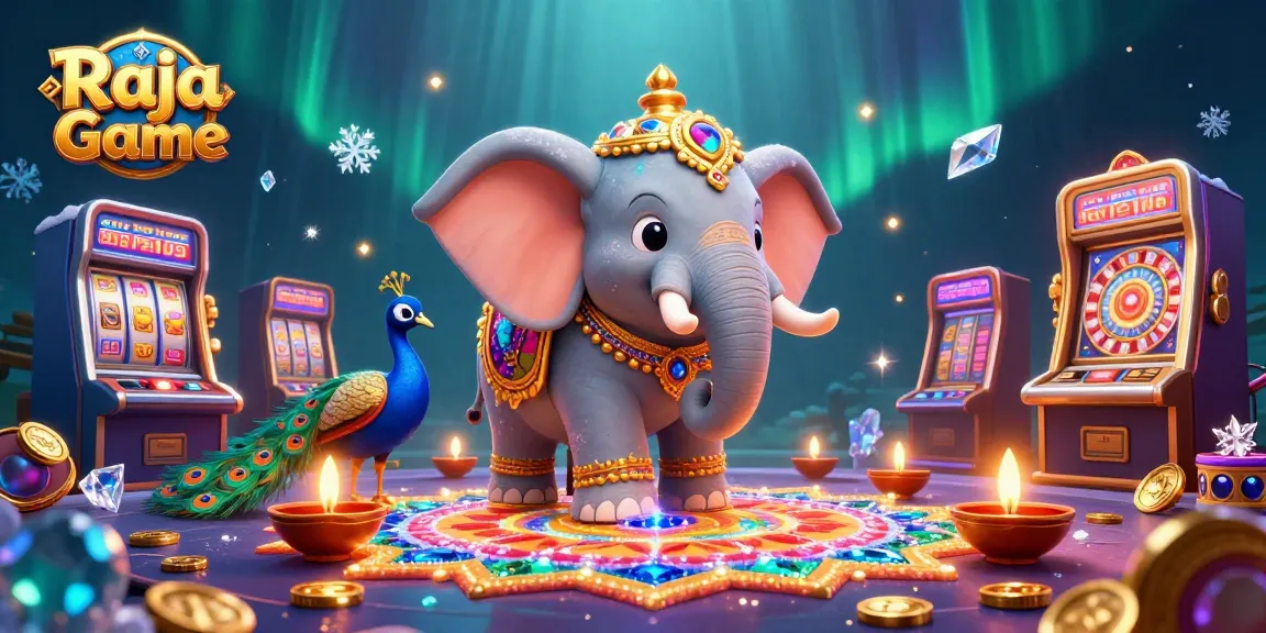 Engage with Raja Game's vibrant casino experience featuring a festive elephant, peacock, and dynamic gaming elements.