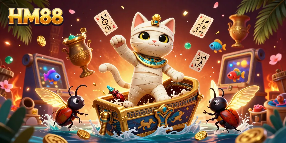 Engage with HM88's vibrant fishing arcade casino scene featuring a mummy cat and sea creatures.