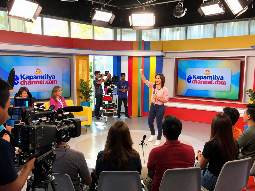 Dynamic television studio scene featuring kapamilyachannel.com logo with engaging host and audience