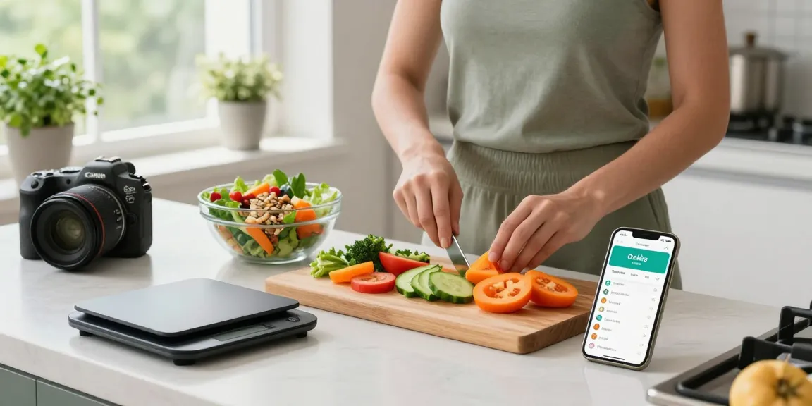 Preparing a fresh salad while tracking calories with the best calorie tracker app in a bright kitchen