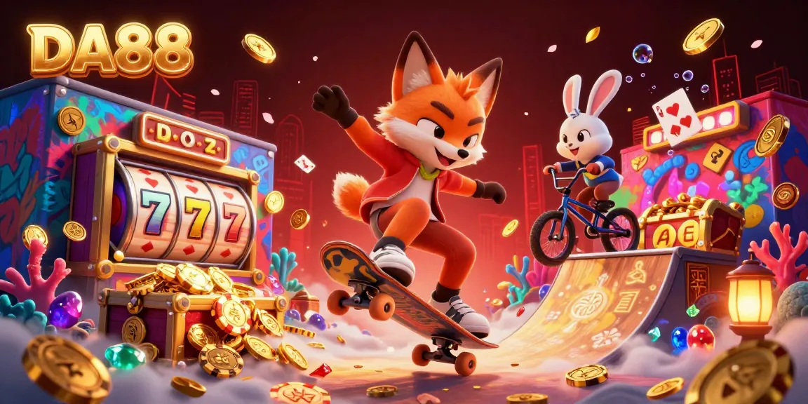Engage with exciting DA88 casino action featuring a skateboarder fox and BMX-riding rabbit amidst dynamic gaming visuals.