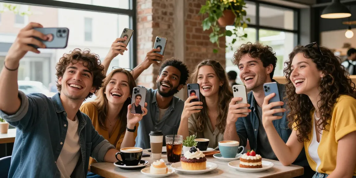 Café scene with friends showing celebrities that look alike on smartphones, creating a fun atmosphere.