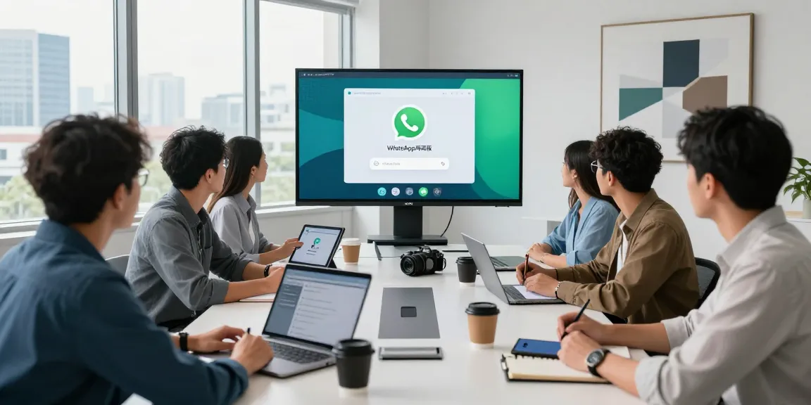Team collaborating on WhatsApp網頁版 features in a modern workspace.