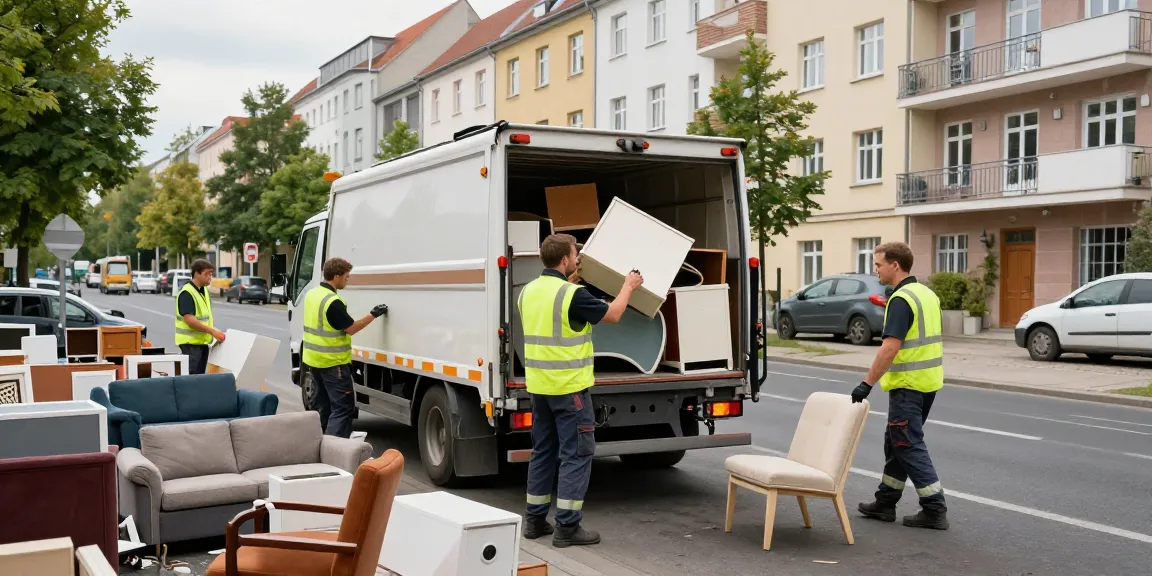 Sperrmüllabholung 80 Euro Berlin team efficiently loading furniture for quick waste removal in vibrant Berlin neighborhood.