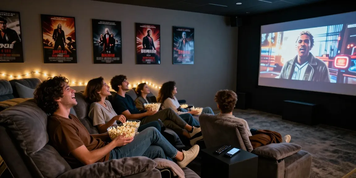 Friends enjoying a movie night at home, showcasing excitement and cozy atmosphere on https://www.bolly4uorg.in.
