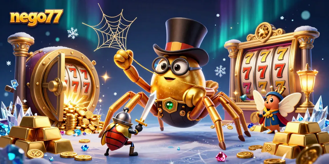 Spin to win big at nego77 with vibrant slot reels and golden treasure surrounding a brave knight.