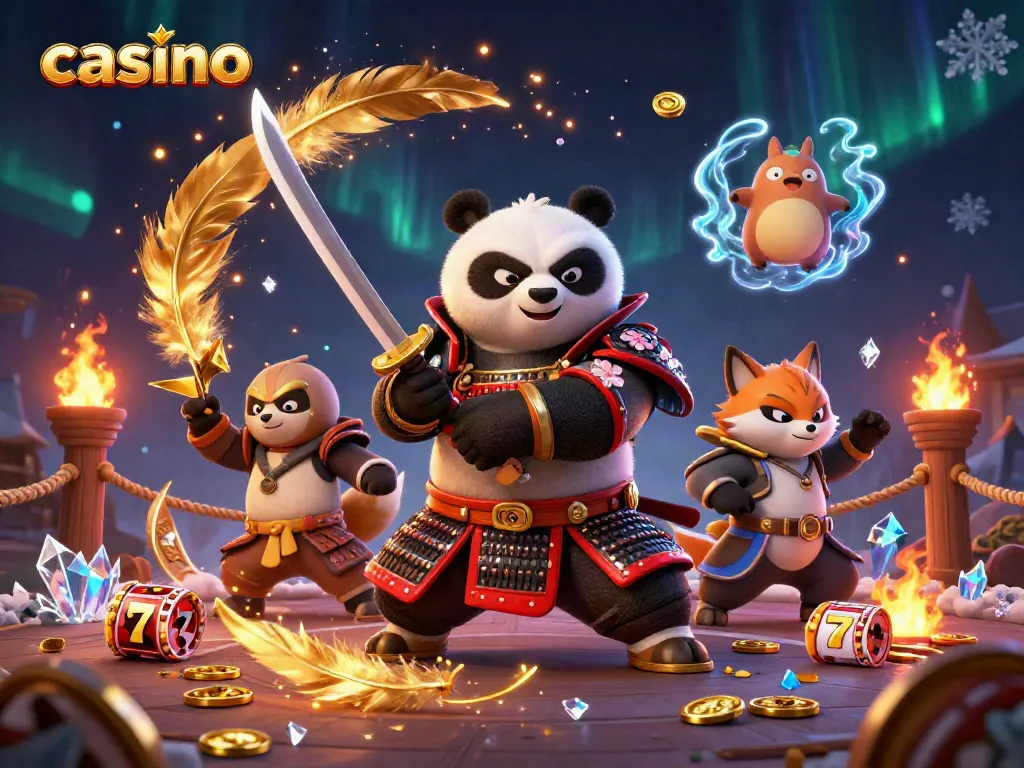 Explore a vibrant casino scene with a samurai panda, ninja fox, and spirit tanuki among swirling slot reels and cherry blossoms.