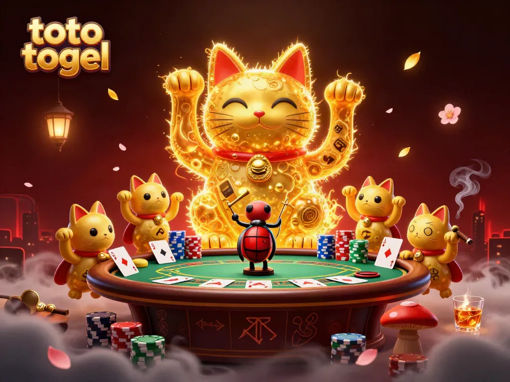 Engaging 3D scene of the lucky cat symbolizing toto togel surrounded by poker elements.