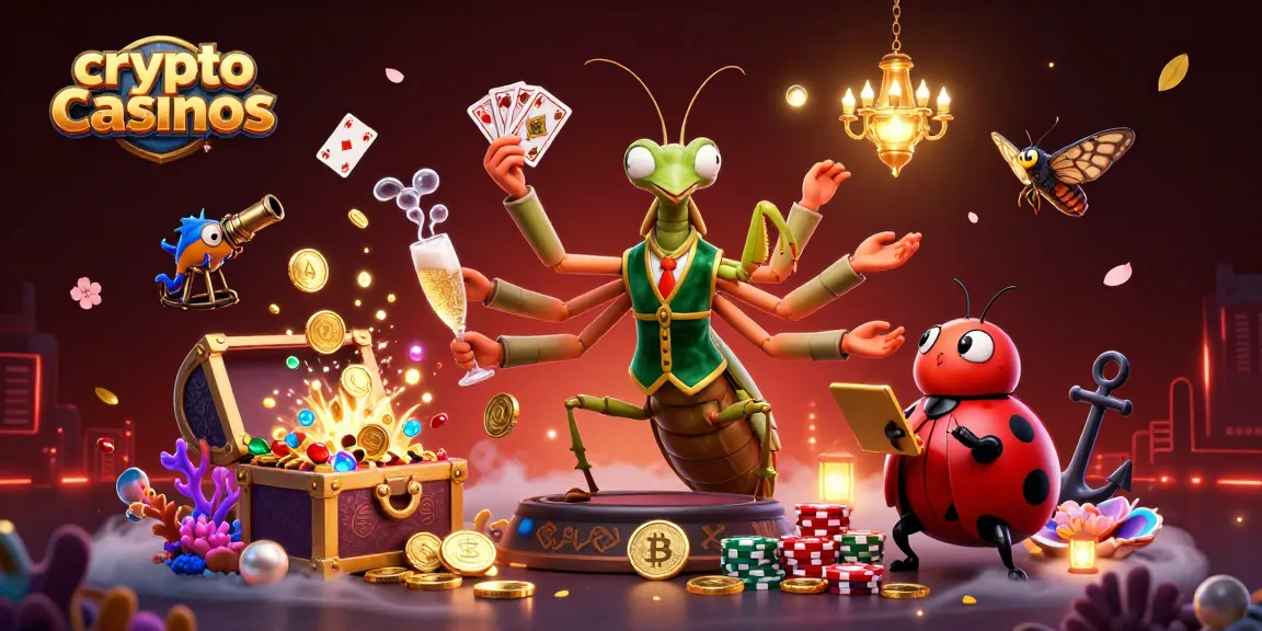 Découvrez les crypto casinos : une illustration dynamique avec des personnages de casino et des éléments de jeu colorés.