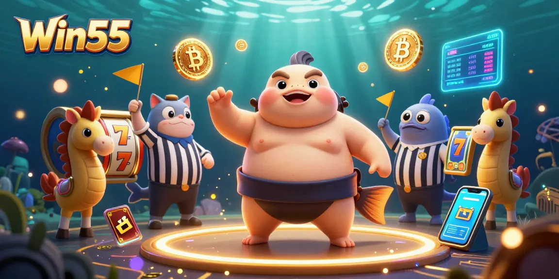 Win55 showcases an exciting underwater casino scene with the fugu, catfish referee, and vibrant game elements.