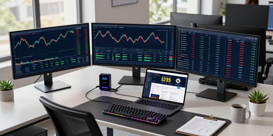 Cricbet99 trading environment with multiple monitors showing crypto prices, DeFi platform metrics, and a digital wallet setup for secure trades.