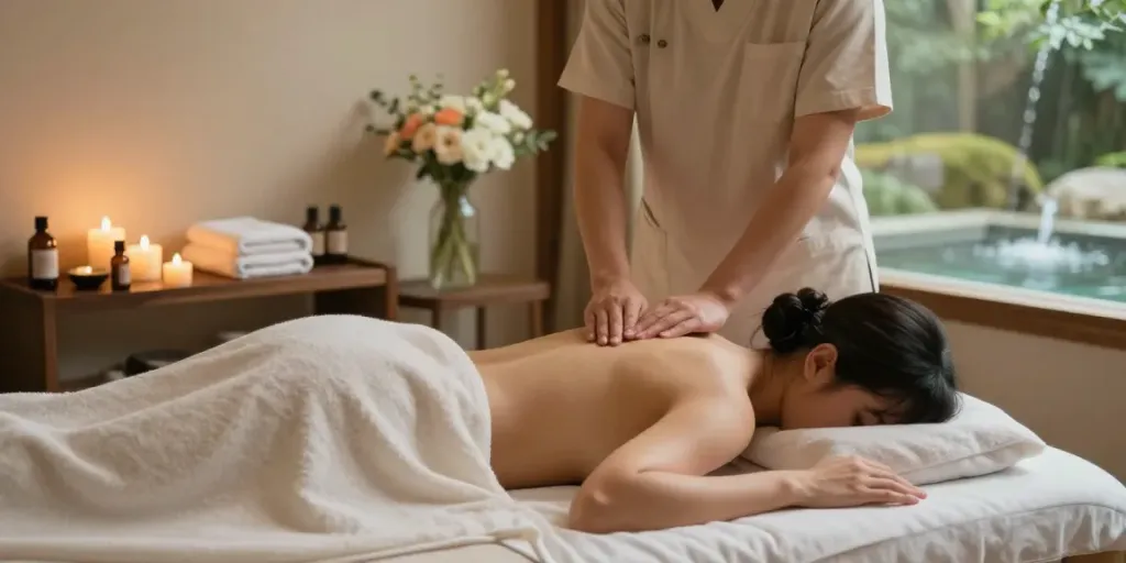 Therapist providing 서대문출장안마 in a serene spa environment with candles and soft lighting.