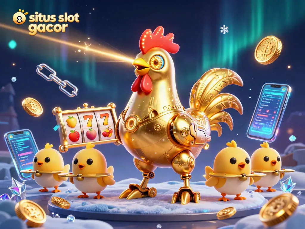 Gambarkan situs slot gacor dengan ayam robot dan drone anak ayam, dikelilingi elemen slot dan crypto.